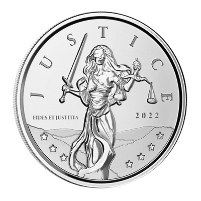 A picture of a 1 oz. Gibraltar Lady Justice Silver Coin (2022)